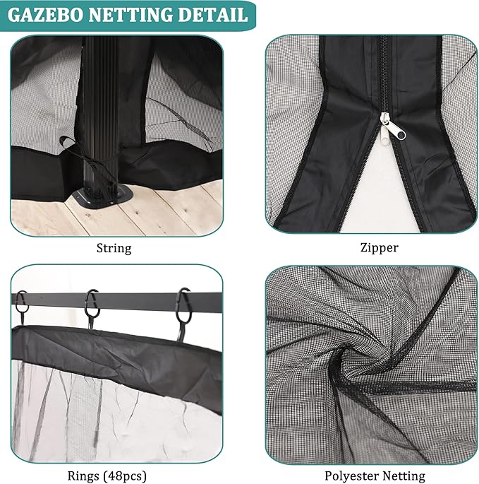 10x12ft Replacement Mosquito Netting, Universal Gazebo Netting with Zippers for Outdoor Garden Patio Gazebo 4-Panel Screen Sidewalls, Black (Mosquito Net Only)