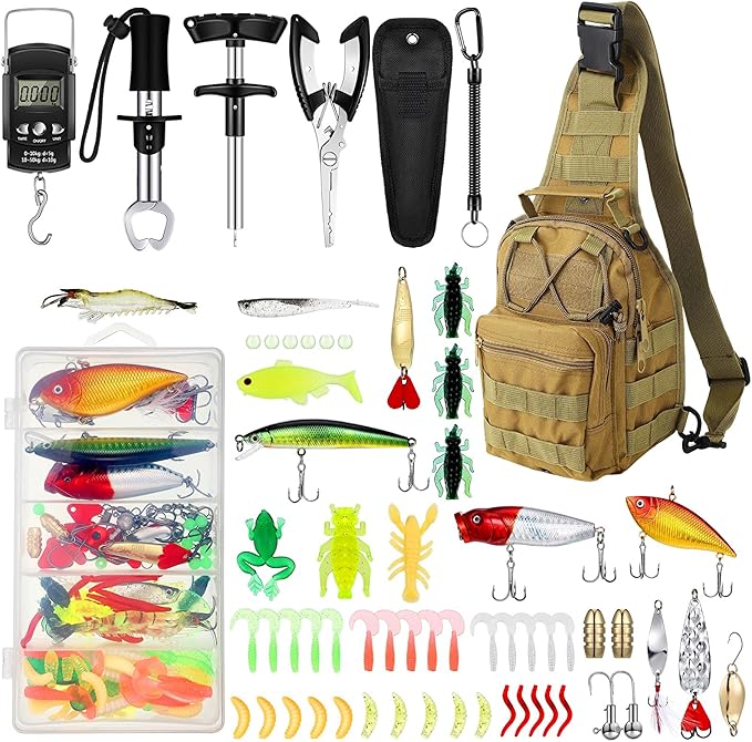 Sosation 134 Pcs Fishing Tool Fishing Tackle Box Kit and Equipment for Adults Beginner Gift, Hook Remover, Pliers Kit, Backpack Tackle Container Lures, Lip Gripper, Weigh Scale