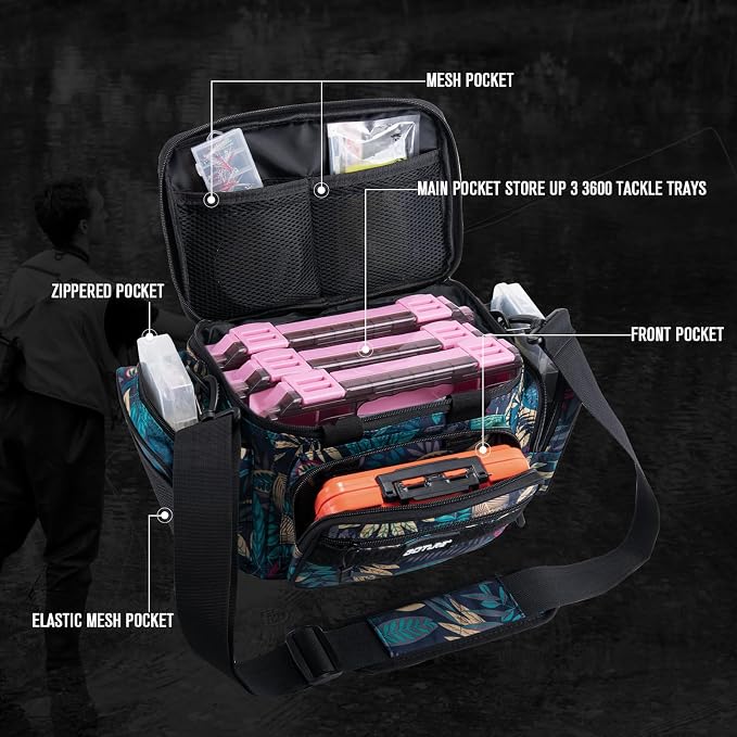 Goture Fishing Tackle Bag with 3PCS 3600 Pink Tackle Boxes | 600D Water-Resistant, Soft Side Cross Body Sling Bag, Saltwater Gear Storage,Padded Shoulder Strap