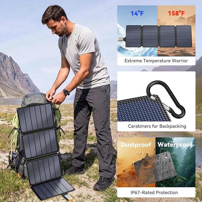 AMPSOS 36W Portable Solar Panel with Built-in MPPT: 23% Efficient M10 182mm Cells, Foldable USB-C Solar Charger for iPhone 17/16, iPad & Power Bank. Heavy Duty 900D Fabric for Camping & Backpacking