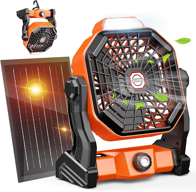 Solar Powered Fan,【Max 60H Runtime】Rechargeable Solar Camping Fans & Led Lantern,8-inch Portable Fan with Solar Panel,Battery Operated Powered Outdoor Tent Fans for Camping Essentials Accessories