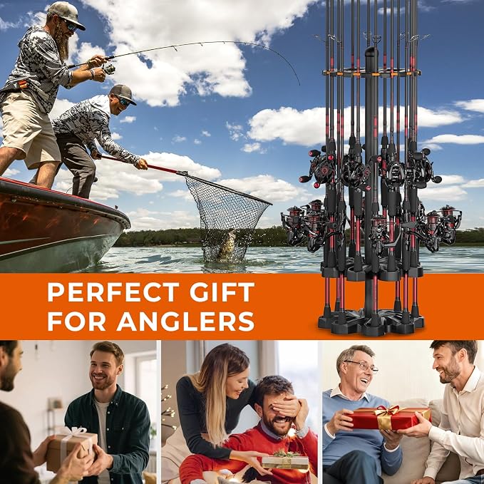 KastKing V16 Fishing Rod Holder for Garage, Floor Rack Holds Up to 16 Rods & Combos, Space-Saving Fishing Pole Organizer with Protective Foam, Durable ABS, Fishing Gear & Accessories Gift for Men