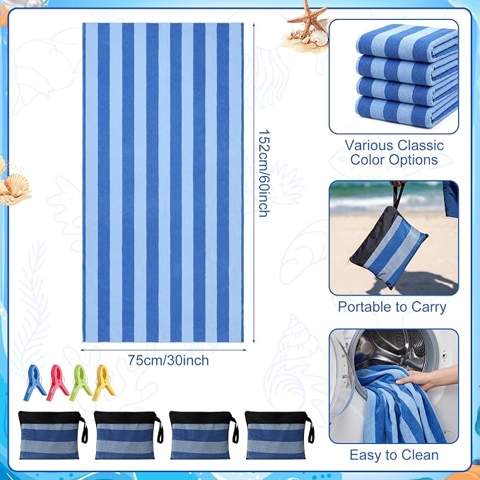 Gilprop 4 Packs Oversized Stripe Beach Towels XL L Microfiber Clearance Pool Towels with Bags Clips Soft Absorbent Quick Dry Camping Swim Towel for Adult Women Men Travel Family (60×30 in,Blue)