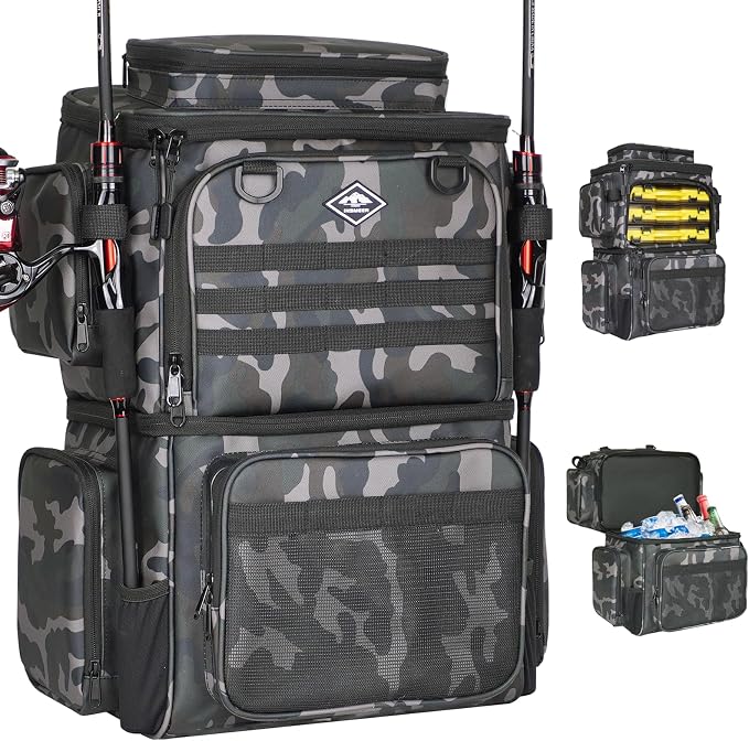 Fishing Tackle Backpack with Cooler Bag, 53L Waterproof Fishing Bag with 2 Rod Holders, Large Fishing Backpacks with Bottle Holder & Coolers, Tackle Storage, Heavy Duty Outdoor Cooler Backpack for Men