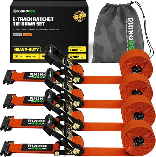 Rhino USA E Track Ratchet Tie Down Straps (4,500lb Break Strength) - Includes (4) Premium 2" x 16' eTrack Tie Downs - Ultimate Heavy Duty eTrack Cargo Strap System for Trailer, Truck, Motorcycle