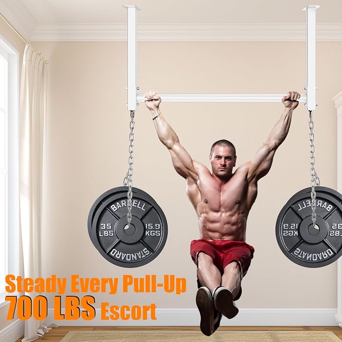 Ceiling Mounted Pull Up Bar, Heavy Duty 700 LBS Multi Grip Pull Up Bars, 16"/24" Rafter Chin Up Bar, Ceiling Joist for Garage/Gym/Basement with Comfortable Grip & Round Anchors, Easy to Install