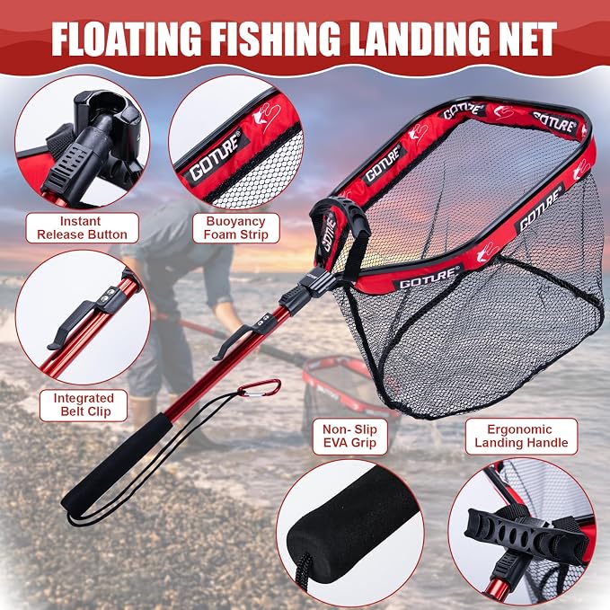 Goture Floating Fishing Net with Assist Handle, Aluminum Alloy Fixed or Telescoping Pole Handle, PVC Coated Nylon Mesh, Foldable Fish Landing Net, Carry Bag for Kayak, Fly, Bass, Trout Fishing