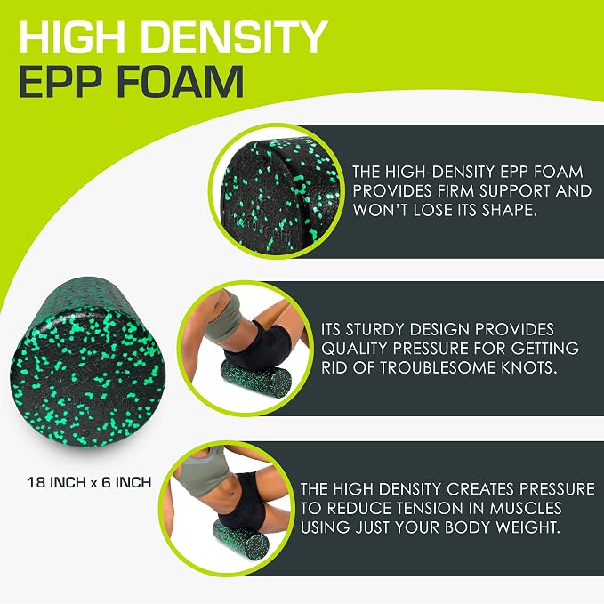ProsourceFit High Density Foam Rollers 18 - inches long, Firm Full Body Athletic Massage Tool for Back Stretching, Yoga, Pilates, Post Workout Muscle Recuperation, Black/Green