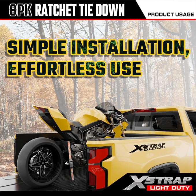 XSTRAP STANDARD 8-Pack Ratchet Tie Down Straps, 1" x 10ft, 900lb Break Strength Heavy Duty Straps for Motorcycles, ATVs, Lawn Equipment, Appliances & Truck Cargo - Camouflage