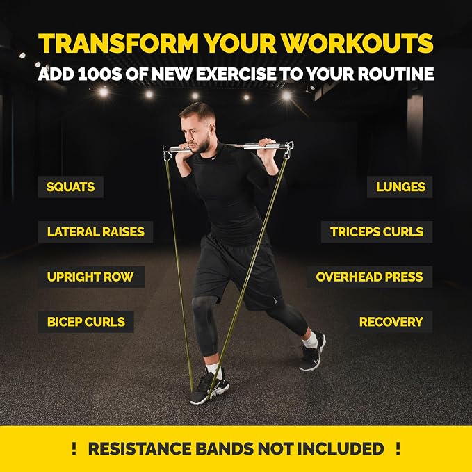 Tribe Lifting Resistance Band Bar - Heavy Duty Steel Bar for Resistance Bands - Resistance Bands Bar 3-Section Adjustable 39 to 27 Inch - Ball Bearing Swivel - Portable Home Gym Workout