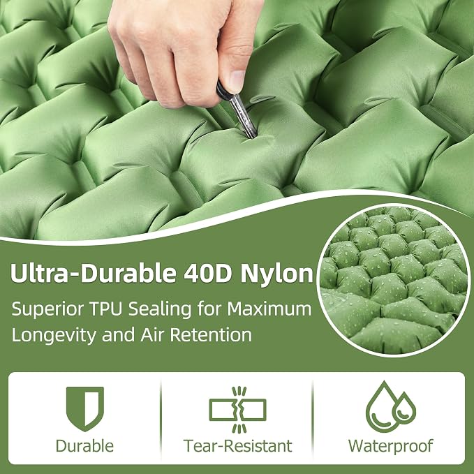 Camping Sleeping Pad, Extra-Thick Camping Mattress with Pillow, Built-in Foot Pump 3.56" Ultralight Inflatable Sleeping Pads for Camping Hiking Backpacking Traveling Tent, Green, Single