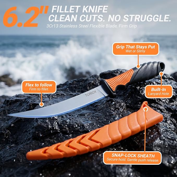 TORIOX Fishing Tool Kit with Fishing Pliers, Fish Lip Gripper, Fillet Knife & Braid Scissors, Saltwater Freshwater Fishing Accessories Set, Fishing Gear Gift for Men