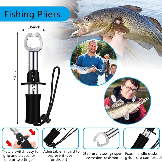 Hungdao 7 Pcs Fishing Backpack Tool Kit Fish Gear Fish Hook Pliers Remover Digital Scale Gripper Sheath Lanyards Hook Separator for Saltwater Freshwater Fishing Men Gift