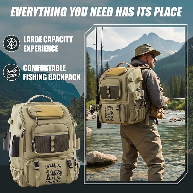 Fishing Tackle Backpack with Rod Holders, Gift for Fishermen Fishing Lovers, 40l Water Resistant Tackle Storage Bag with Adjustable Compartments, Large Capacity