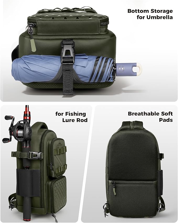 MATEIN Fishing Sling Bag with Lure Rod Holder & Phone Pouch, Waterproof 3600 Tackle Box Backpack with Removable Bait Binder