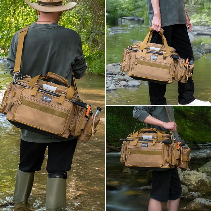Goture Fishing Tackle Bag, Store Up to 4PCS 3700 Plus 2PCS 3600 Tackle Trays(Not Included), 600D Soft Side Gear Fishing Bag with Rod Straps,Detachable Water Bottle Pouch,Waterproof Bottom,SBS Zippers