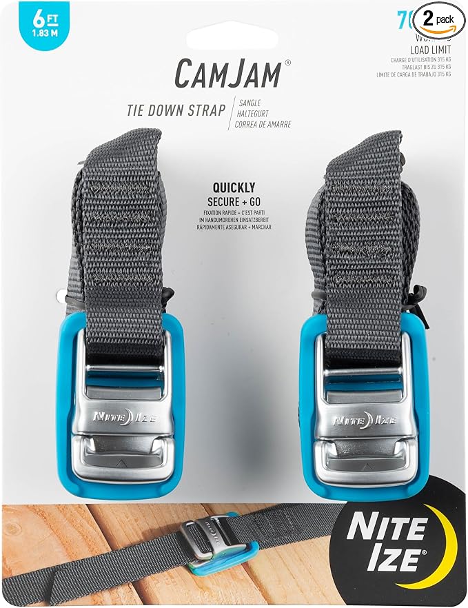 Nite Ize CamJam Tie Down Strap - Tie Down Ratchet Straps - Straps for Trucks & Cars - Tie Downs for Luggage & Gear - 6 ft Strap, Blue (Pack of 2)