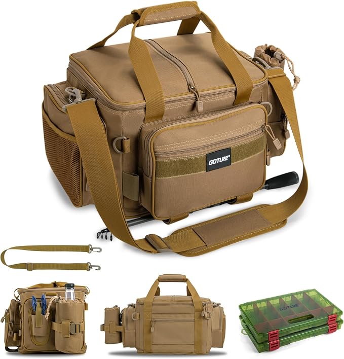 Goture Fishing Tackle Bag with 2PCS 3700 Tackle Boxes | 600D Water-Resistant, Rod Straps, Detachable Bottle Pouch, SBS Zippers, Freshwater & Saltwater Gear Storage Fishing Bag