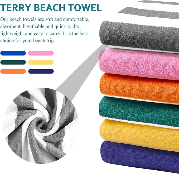 Genovega 6 Packs Oversized 72X40 Inch Stripe Beach Towel Thin Terry Set Extra Large XL Big Clearance Towels Soft Swim Pool Travel Accessories Essentials Camping Adults Men Women Gift Grey