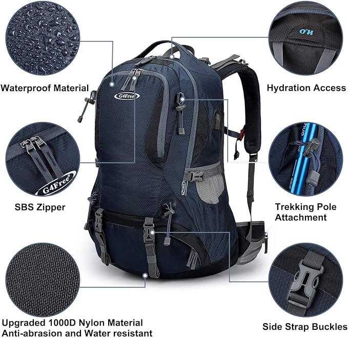 G4Free 50L Hiking Backpack Waterproof Daypack Outdoor Camping Climbing Backpack with Rain Cover for Men Women(Dark Blue)
