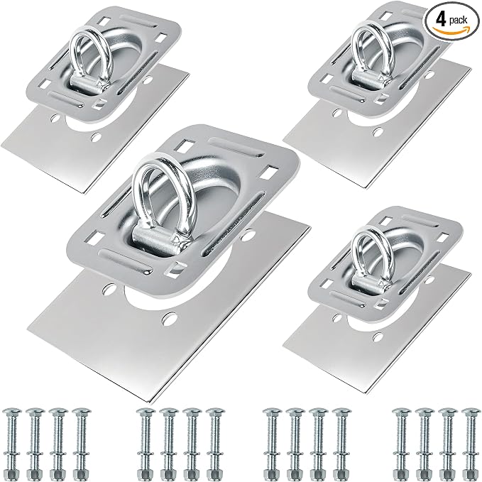 Recessed D Ring Tie Down Anchors 4 Pack (6,000 Lbs), Heavy Duty Trailer Floor Tie Downs and Anchor Points for Securing Cargo, Equipment, ATV, UTV, Truck – Silver