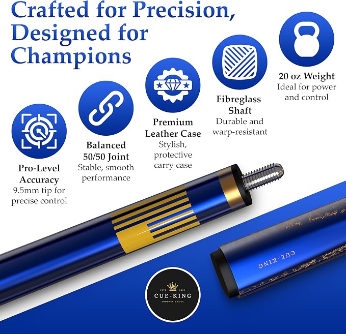 Cue-King Premier Pool Cue 58" 20oz 2 Piece with 9.5mm Premium Tip and Leather Case, Pool Stick, Cue Stick, Billiard Cue Stick, Taco De Billar, Pool Table Stick, Billiard Stick