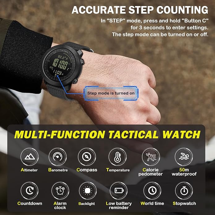 AVTREK Mens Outdoor Sport Tactical Survival Watches Hiking Digital Wrist Watch Waterproof Swimming Military Army Altimeter Barometer Compass Watches