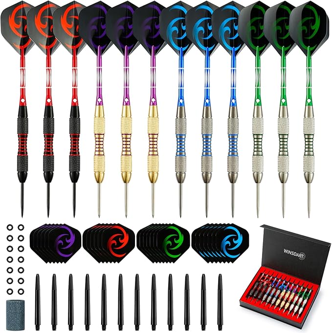 WINSDART Darts Metal Tip Set Professional Metal Darts for Dartboard Steel Tip Darts with Nonslip Iron Barrel Aluminum Dart Shafts,Extra Flights,Dart Sharpener,Gift Box