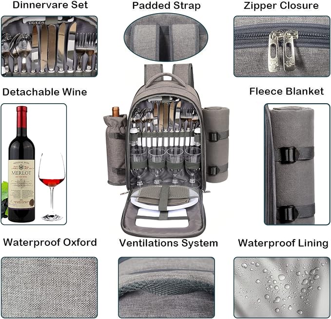 Hap Tim Picnic Basket Backpack for 4 Person with Blanket, Wine Holder, Cooler Compartment, Cutlery Set, for Couples, Ideas, Engagement Gifts, Gray (3065-G)