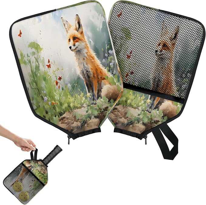Watercolour Fox Flower Butterfly Universal Pickleball Paddle Cover 12.4 × 9.45 inch Racket Sleeve with Handle Strap Mesh Pocket Fits USAPA Standard Widebody Paddles 2 PCS