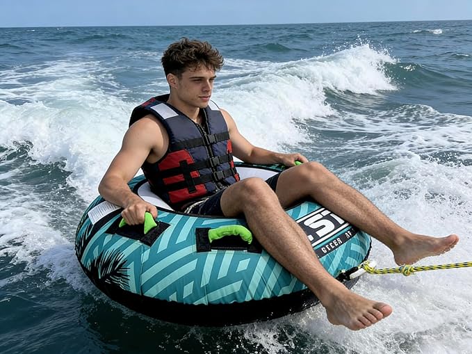1 Person Towable Tube for Boating, Inflatable Water Tube with Heavy-Duty PVC & Nylon Cover, 4 Grip Handles, Quick Connect Tow System, Durable Water Sports Tube for Adults & Teens