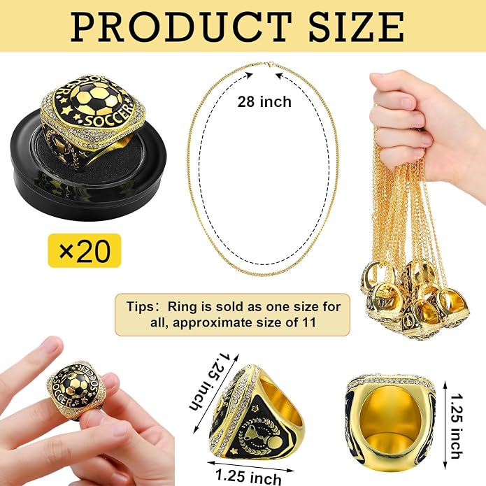 Highergo 20 Pcs Baseball Softball Basketball Football Champion Rings with Display Neck Chain and Stand Volleyball Soccer Cheer Trophy Rings Bulk for Tournament Award Gift