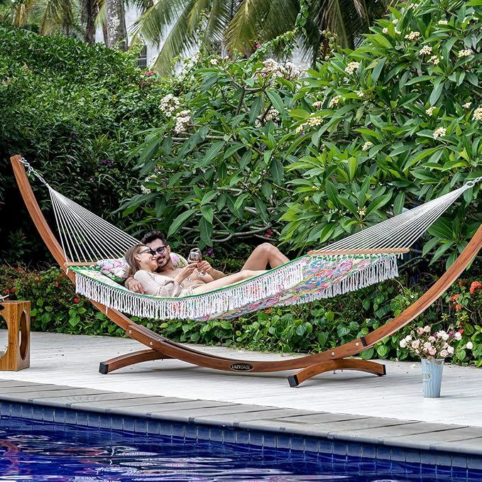 Lazy Daze Hammocks 12 FT Double Quilted Fabric Hammock with Extra Large Soft Pillow and Carrying Bag, 2 Person Outdoor Hammock with Spread Bar and Elegant Tassels, Heavy Duty 450 lbs Capacity, Floral