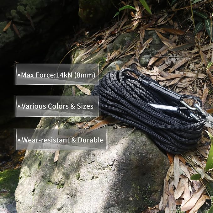 NewDoar 14KN Static Climbing Rope 8mm(5/16in) Accessory Cord Equipment 33FT(10M) 66FT(20M) 98FT(30M) 165FT(50M) Escape Rope with 2 Carabiners for Ice Climbing Equipment Fire Rescue Rope-Black/30M