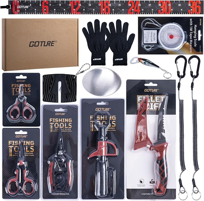 Goture Fishing Tool Kit,Fishing Pliers,Fillet Knife with Sheath,Fish Lip Gripper,Fish Hook Remover,Lanyard,Line Scissors,Sharpener,Stainless Steel Soap,Saltwater Gear Kit,Red/Pink,Gifts for Men/Women