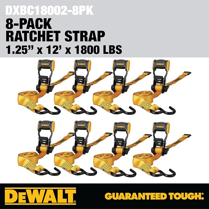 DEWALT DXBC18002-8PK Black/Yellow 1.25" x 12' Ratchet Tie Down Straps - Light-Weight Cargo Hauling (1800 lb Break Strength), 8 Pack