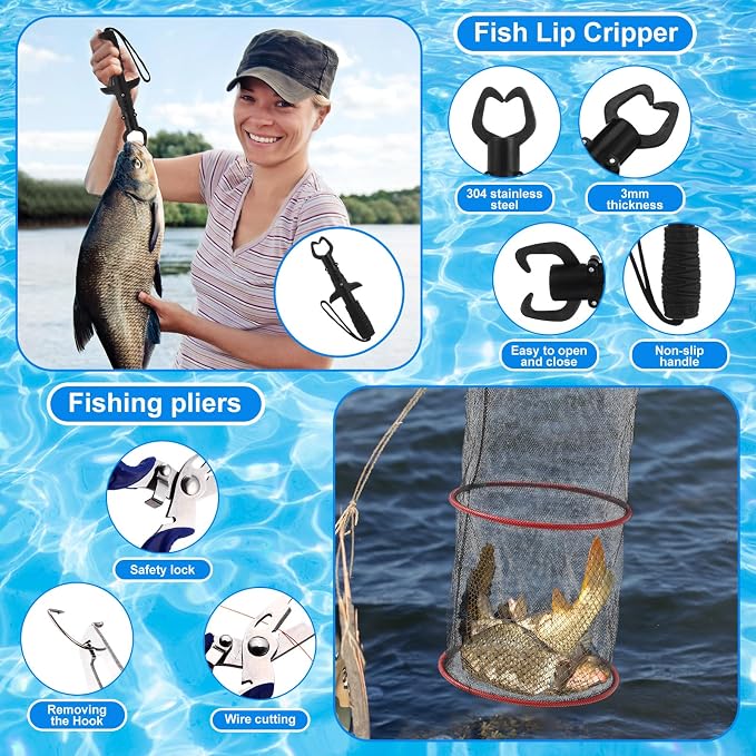 51 Pcs Fishing Rods Combo 6.89ft Telescopic Freshwater Pole Set with Plier Lip Gripper Lures Carrier Bag Pre Loaded Spinning Reel with Freshwater Rod Reel Kit Father Men Gift