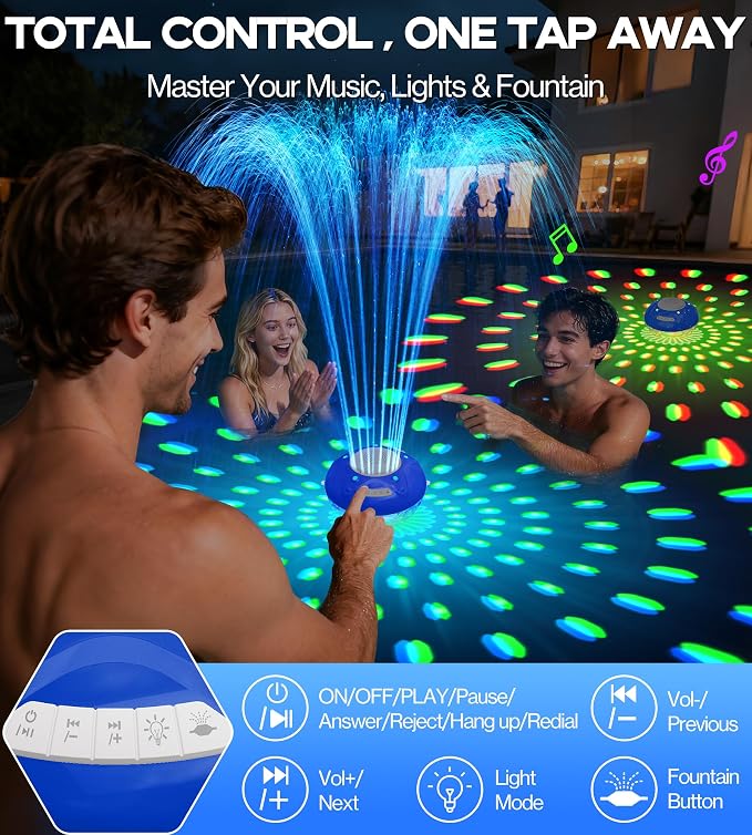 Luxfero 3 in 1 Pool Fountain with Bluetooth Pool Speaker, Floating Pool Fountain with Lights, IP68 Waterproof Hot Tub Speaker Pool Water Fountain Pump, BT5.4, Loud Sound Pool Fountain Speaker-Blue