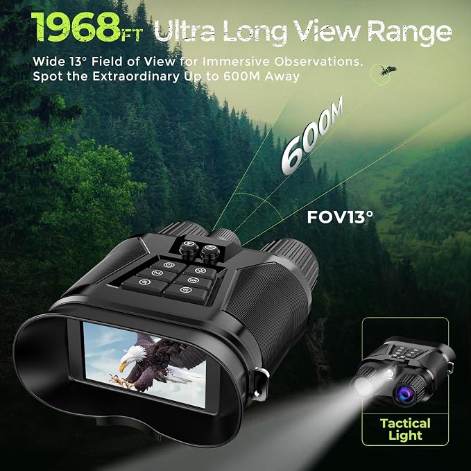 4K Night Vision Binoculars–8X Zoom, 40MP Photos, 5000mAh Battery, 13° FOV, 3” Display, 800M Range, 3 IR Levels, 128GB Storage – Gift Set with Compass & Pouch for Camping and Wildlife.