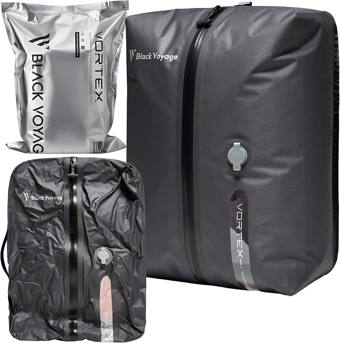 Black Voyage Reusable Vacuum Compression Travel Bag for Carry-On Suitcase and Backpack, Recycled IPX8 Waterproof Space Saver Vacpack (1-Pack, 18L - No Pump)