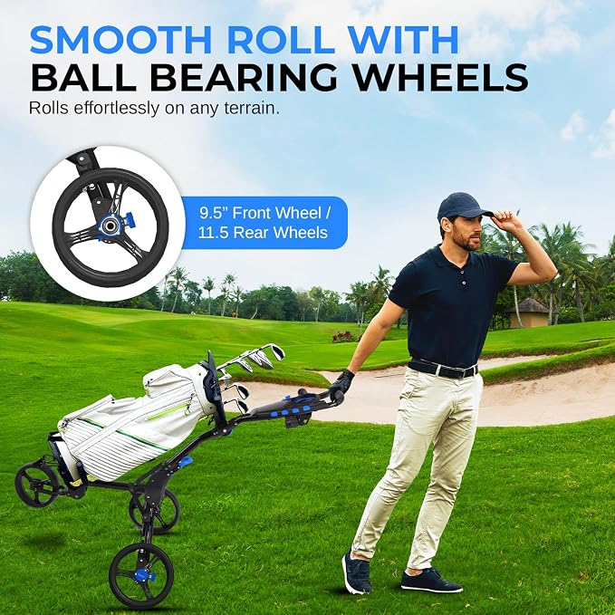 SereneLife Golf Push Cart 3 Wheel, Ultra Lightweight Aluminum Foldable Cart with Adjustable Handle, Quick-Fold, New-Version Scorecard, Phone/Cup/Umbrella Holders, Cooler Storage | Comfortable to push all day — adjustable handle fits any height