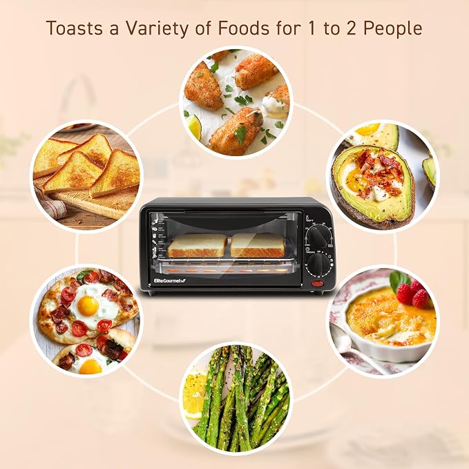 Elite Gourmet ETO236 Personal Compact 2 Slice Countertop Toaster Oven with 15 Minute Timer & Adjustable Temperature,Bake,Broil,& Toast,Black,(Pack of 6)