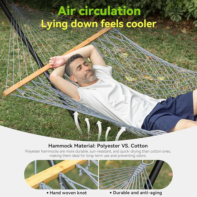 ANAGOO Double Hammock for 2 Person, Handwoven Rope Hammock with Spreader Bar Without Stand - Indoor & Outdoor Use for Patio, Poolside, Backyard (Grey)