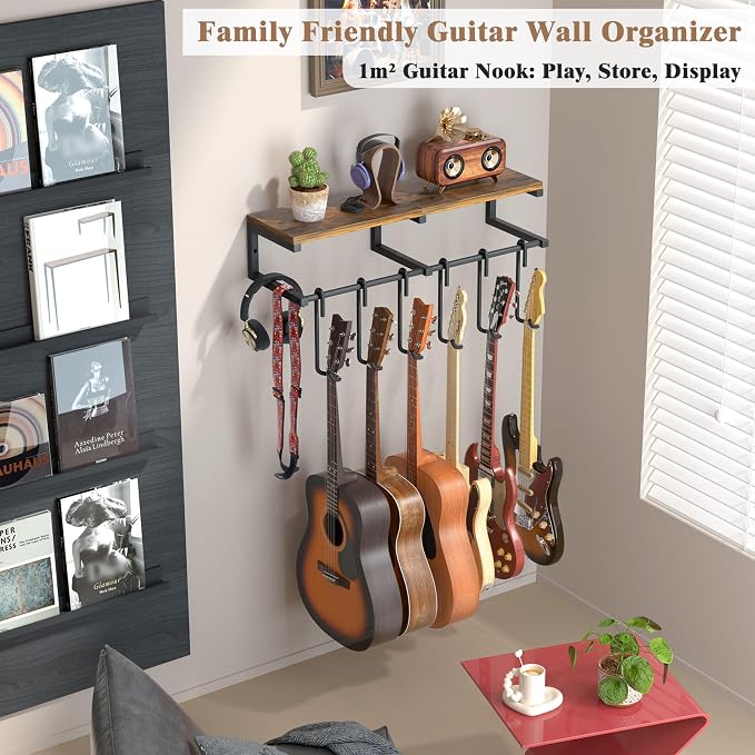 Keebofly Guitar Wall Mount Hangers Holds 6 Guitars with Rustic Shelf - 6-Detachable Guitar Hooks Universal Fit for Acoustic, Electric, Bass Guitars & Ukulele (Brown)