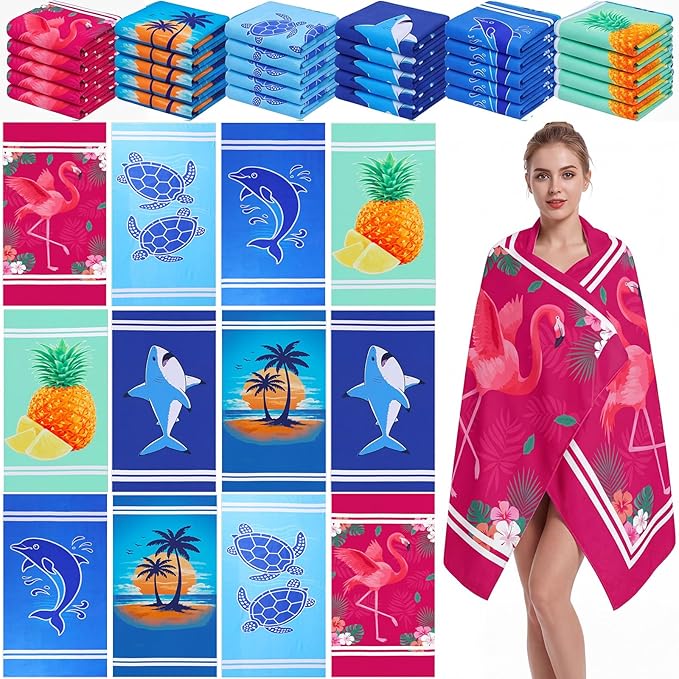 Mindsoft 12 Pcs 30" x 60" Beach Towel Yoga Towel Microfiber Soft Quick Dry Sand Free Oversized Lightweight Cute Beach Towels Bulk for Bath Camping Travel Pool Party Teacher Appreciation Gift