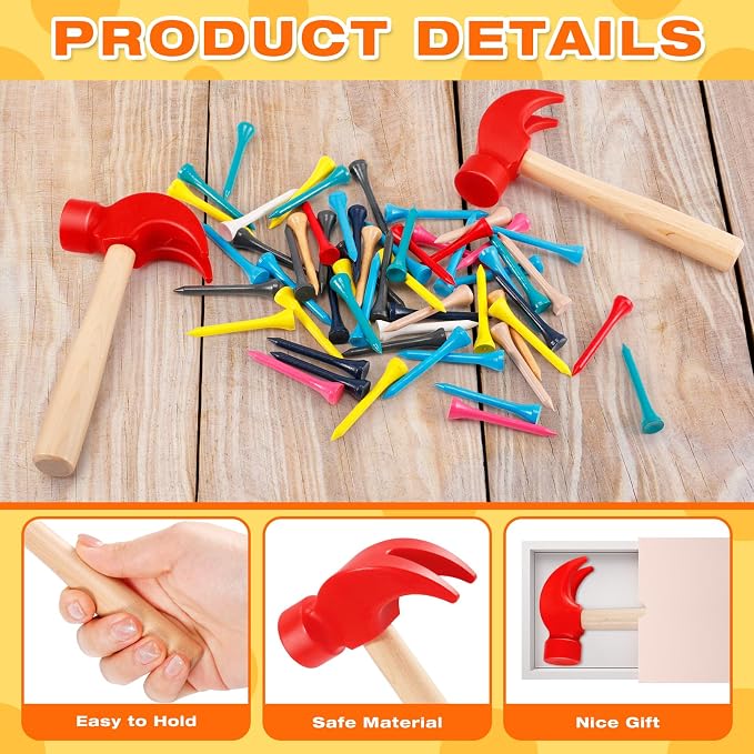 10 Pcs Wooden Hammer, 100 Colorful Wood Golf Tees, Small Plastic Hammers, Simulation Tool, Educational Kids Toy for School, Party Gifts