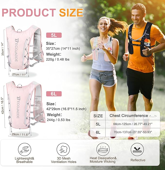 BECOJADDE Running Vest Hydration Backpack for Men Women, 5L Lightweight Running Backpack Hydration Pack for Marathon, Trail, Cycling, Hiking, Jogging