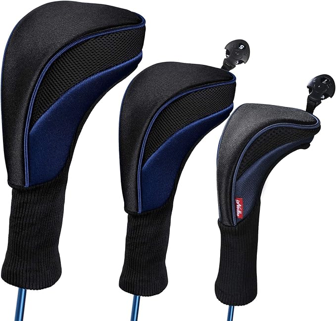 Black Golf Club Head Cover for Driver Fairway 3 Pcs Woods Headcovers, Golf Accessories Hybrid Head Covers Set with Interchangeable Tags 3 4 5 7 X