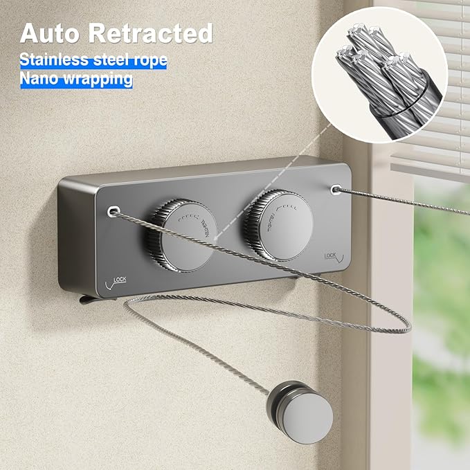 MUSTORN Retractable Twin Clothesline Indoor, Non-Sagging Outdoor Clothes Line Retracting Heavy Duty Clothes Drying Laundry Line Wall Mounted Stainless Steel Line-13.8Feets(Double Line-Gray)