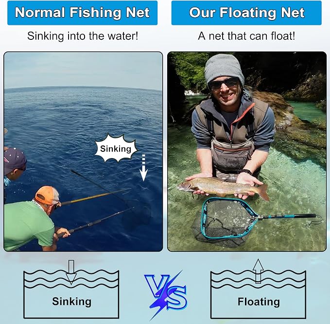 PLUSINNO Floating Fishing Net for Steelhead, Salmon, Fly, Kayak, Catfish, Bass, Trout Fishing, Rubber Coated Foldable Landing Net with Fixed or Telescoping Pole Handle, Fishing Gear and Gifts for Men